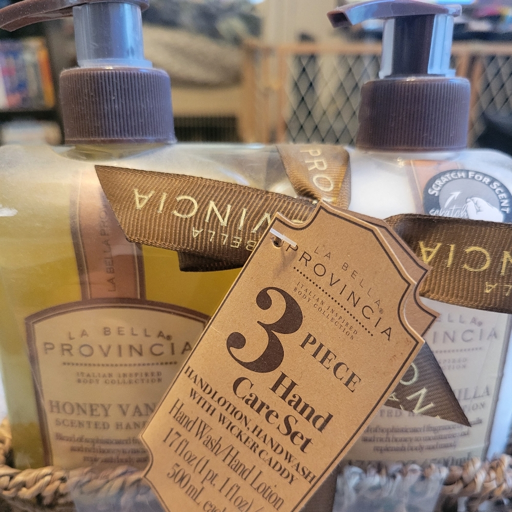 Hand wash and hand lotion set in basket